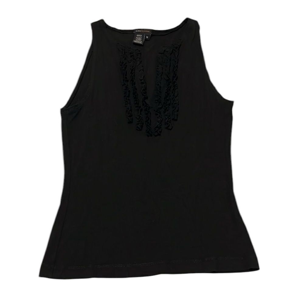 BCBGMaxAzria size medium black sleeveless top ruffles around a V neck GUC